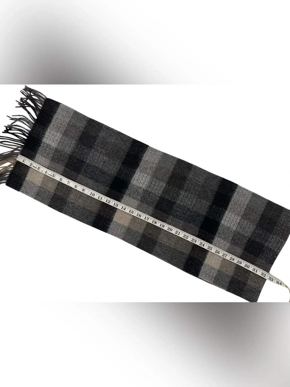 Via Condotti Roma 100% Virgin Wool Plaid Herringbone Fringe Scarf Gray Black